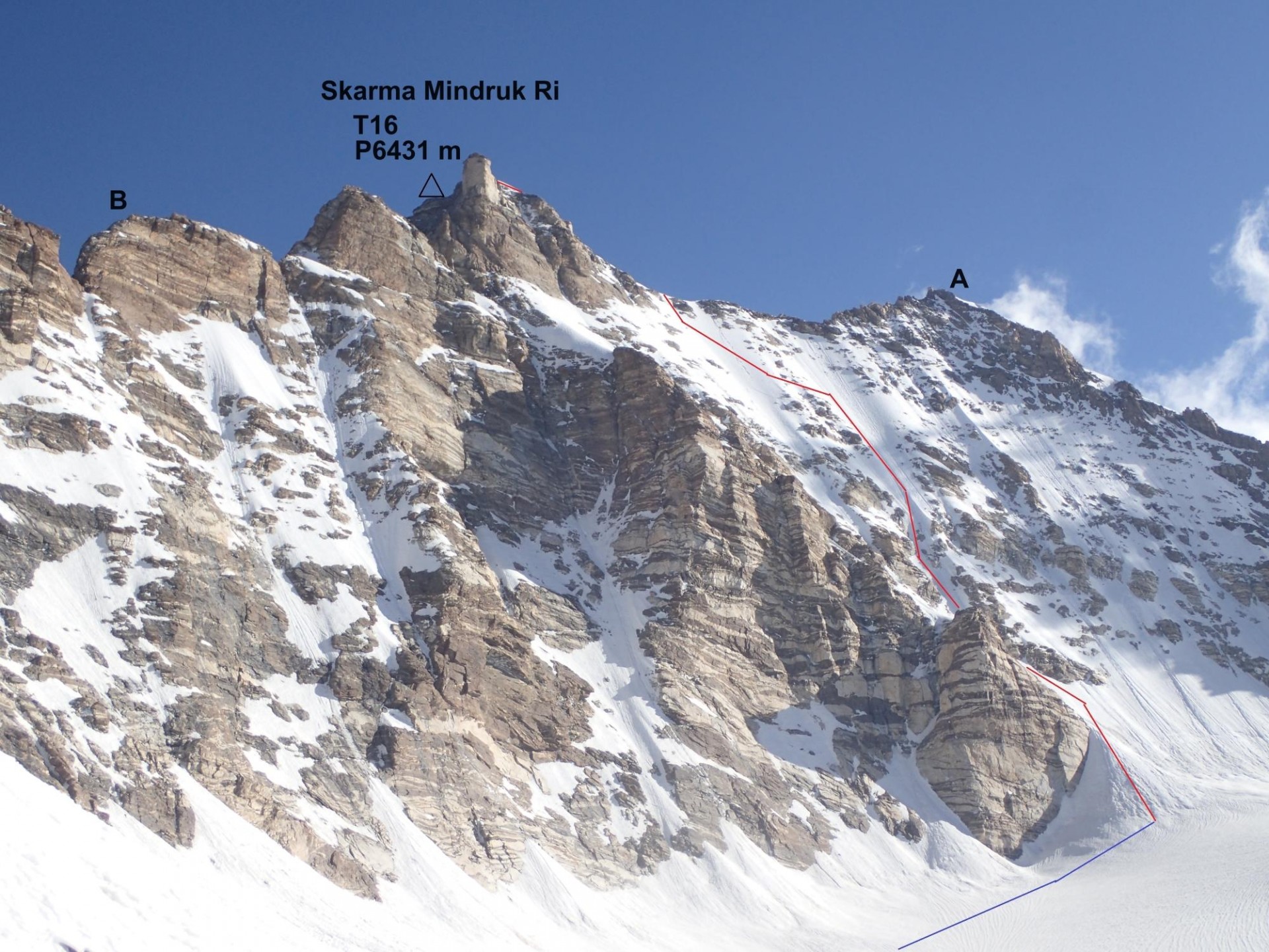 Skarma Mindruk Ri (aka T16) 6431 m, prvi vzpon na vrh, Šentjurska smer, vris smeri nad ledenikom Kaphang